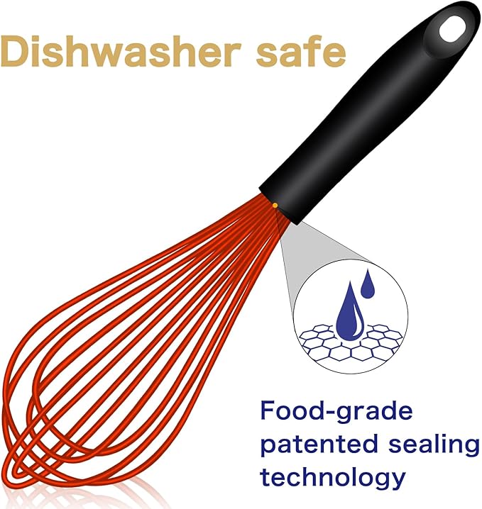 Dishwasher Safe Multicolor Silicone Whisk, Sealed Waterproof Design Set of 3, Professional Kitchen Whisks for Cooking Non-Scratch, Silicone & Stainless Steel Whisk, Heat Resistant Egg Beater