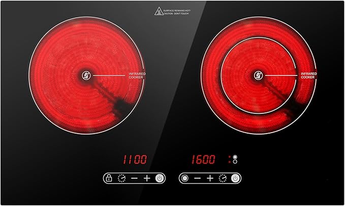 Dual Coil Design of 2 Burner Cooker, 1800W Electric Ceramic Hot Plate for Cooking, Infrared Double Burner Portable Countertop or 24inch Built-in Cooktop Radiant Stove Top, Compatible with All Cookware