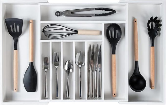 KitchenEdge Premium Silverware, Flatware and Utensil Organizer for Kitchen Drawers, Food-Safe Contract Grade, Expandable from 16 to 28 In, White Bamboo