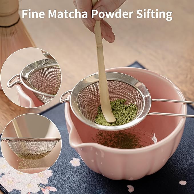 Matcha Whisk Set of 8 - HTRCXB Ceramic Matcha Set, Include Matcha Bowl, Matcha Whisk and Holder, Bamboo Scoop, Measuring Spoon, Scoop Rest, Sifter and Tea Towel - Matcha Kit Gift for Matcha Lovers