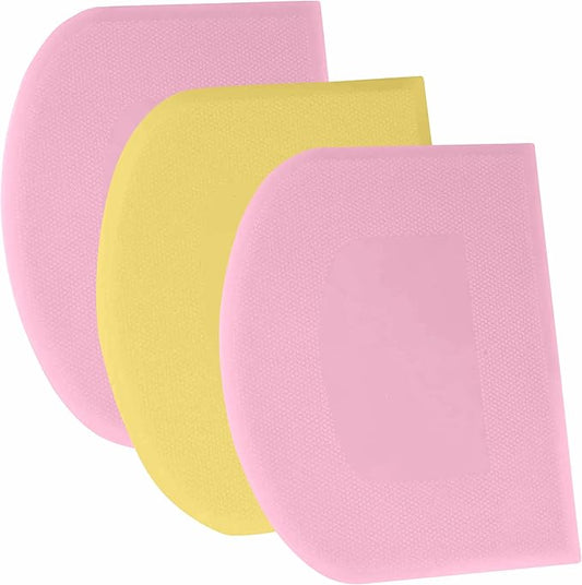 SURDOCA Dough Scraper Bench Scraper - 3P 7.1x4.9" Plastic Flexible Bowl Scraper, Sharp Edge & Angles Cake Scraper. Non-Slip Bakeware Decorating Tools Sculpting & Modeling Tools - Pink+Yellow+Pink
