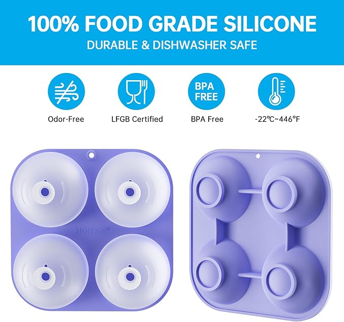 HONYAO Whiskey Ice Ball Mold, 4 x 2.4 Inch Large Ice Ball Maker Mold, Food Grade Silicone Round Ice Cube Mold - BPA Free, Easy to Fill & Release Sphere Ice Cube Tray for Cocktails Bourbon Rum - Purple