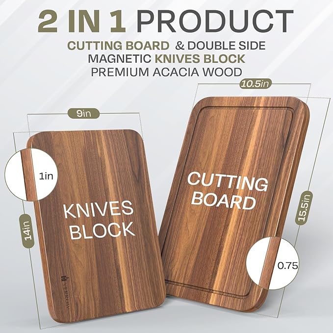 Magnetic Knife Block with Acacia Wood Cutting Board - Extra Large 15.5x10.5x0.75In Magnetic Knife Block Set with Chopping Board Knife Holder Charcuterie Display Storage Organizer for Kitchen Counter