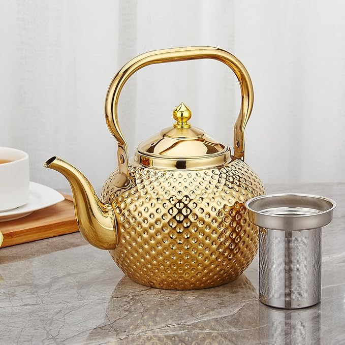 SANQIAHOME 1500ml teapot with Infuser stainless steel Water Boilers lifting handle Tea Maker Water Kettle for Induction/Gas gold
