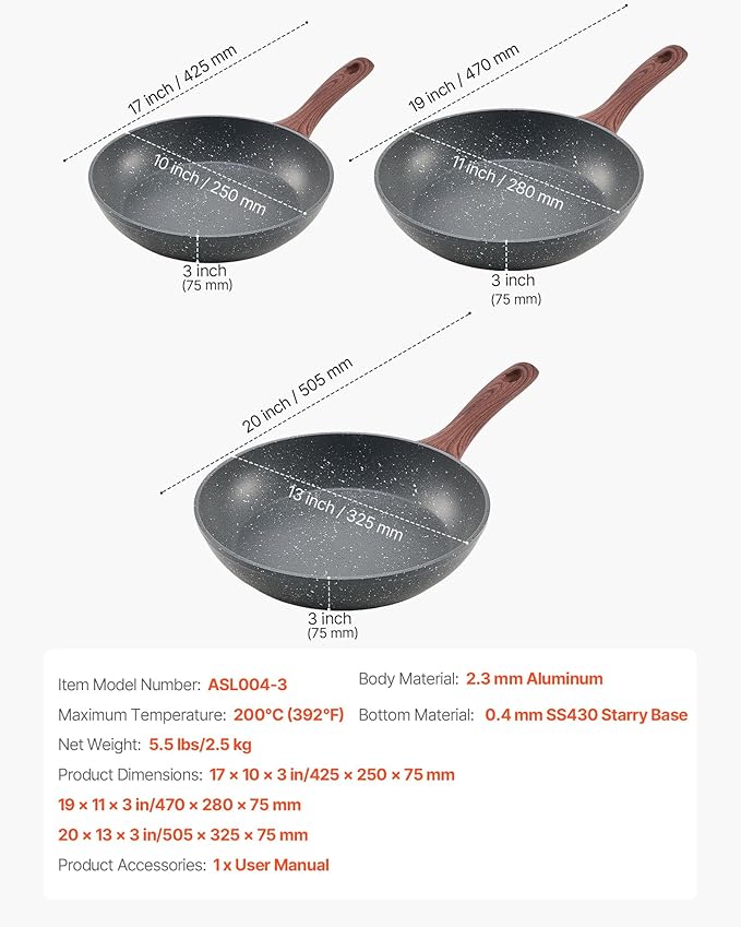 VEVOR Frying Pan Skillet，Nonstick Granite Egg Pan Omelet Pans, 3 Piece Set (9.5, 11, 12 in), Nonsitck Heavy-Duty Skillets with Heat-Resistant Handle, for Gas, Electric, Induction