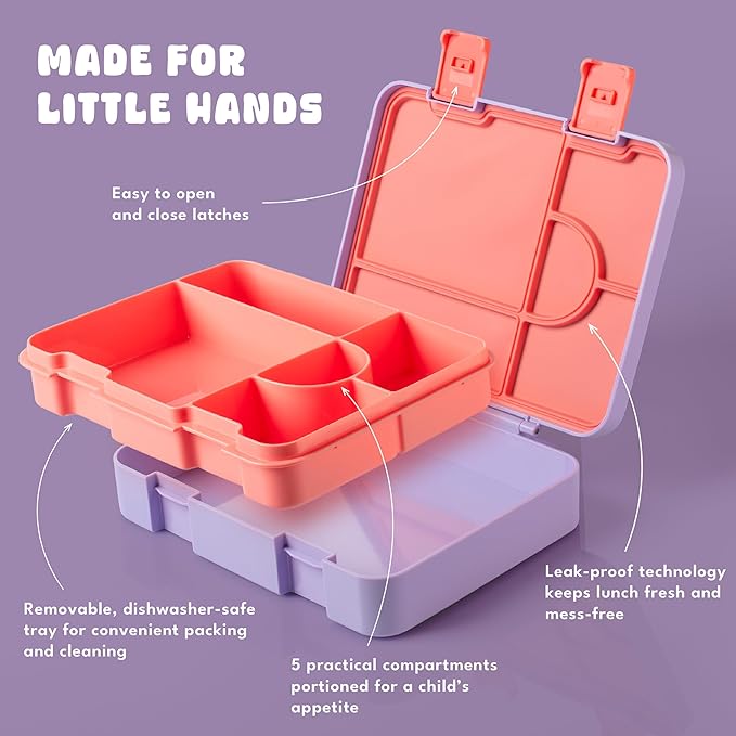 Personalized Bento Box for Kids with Safari Icon and Name - Lilac - 5 Compartments Drop-Proof Bento Box, Dishwasher Safe, Made with BPA-Free Materials, Bento Lunch Box for Kids and Toddlers