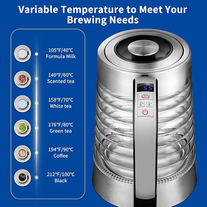 Electric Kettle, 1.8L Temperature Control Hot Water Boiler, No Plastic Contact with Water, Automatic Shutoff, Keep Warm, Cordless with LED Light for Tea Coffee