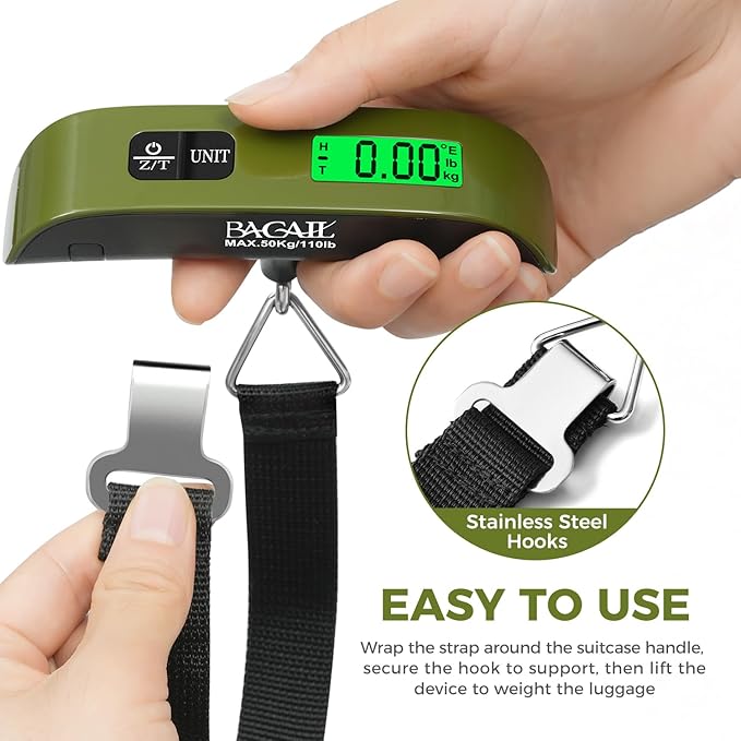 BAGAIL Digital Luggage Scale, 110lbs Hanging Baggage Scale with Backlit LCD Display, Portable Suitcase Weighing Scale, Travel Luggage Weight Scale with Hook, Strong Straps for Travelers