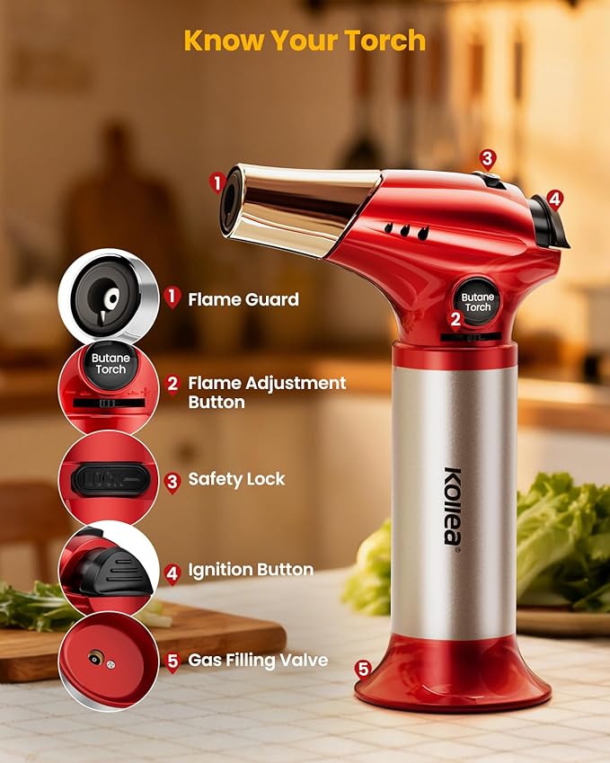 Kollea Creme Brulee Torch, Refillable Butane Torch Lighter, Kitchen Torch Food Torch with Safety Lock & Adjustable Flame for Baking, Crafts, BBQ (Gas Not Included)