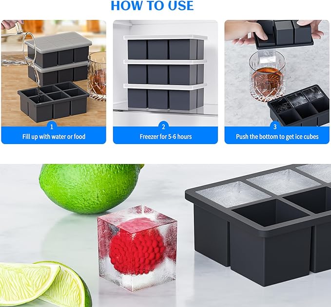 Large Ice Cube Tray for Whiskey 2 Pack, HANCELANT Big Silicone Square Ice Cube Mold with Removable Lid, 2'' Huge Square Ice Cubed Tray for Whisky and Cocktail