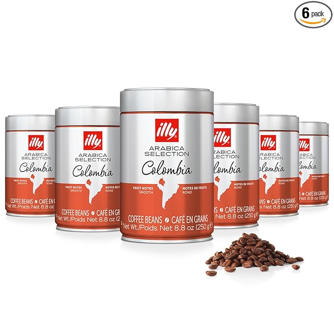 Illy Whole Bean Coffee, Colombia Medium Roast - Notes of Citrus and Red Fruits - 100% Arabica - Whole Beans - Pressurized Packaging Sealed for Freshness – 8.8oz Can (Pack of 6)