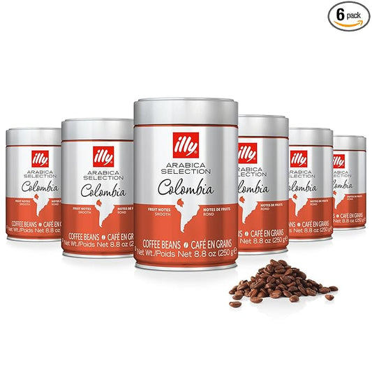 Illy Whole Bean Coffee, Colombia Medium Roast - Notes of Citrus and Red Fruits - 100% Arabica - Whole Beans - Pressurized Packaging Sealed for Freshness – 8.8oz Can (Pack of 6)