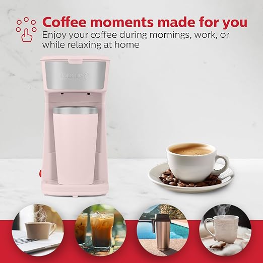Holstein Housewares Personal Coffee Maker with 14oz Travel Mug – Compact One-Touch Brew Machine with Reusable Filter, Auto Shut-Off, Non-Stick Plate, Ideal for Home, Office, or Dorm. Pink