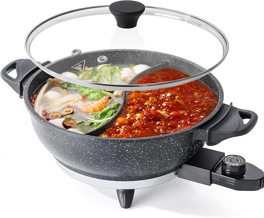 TWIN™ Electric Hot Pot with Divider | EvenHeat Cast Aluminum Non-Stick Pot for No-Spot Cooking | 1500W Fast Heating | 4.5QT Dual-Flavor Shabu Shabu Pot for Family Use | 1-Yr Warranty