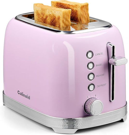 Toaster 2 Slice Retro Stainless Steel with 1.5” Extra Wide Slots Bagel, Defrost, Reheat, Cancel Functions, 6 Bread Shade Settings, Removable Crumb Tray, Purplish Pink