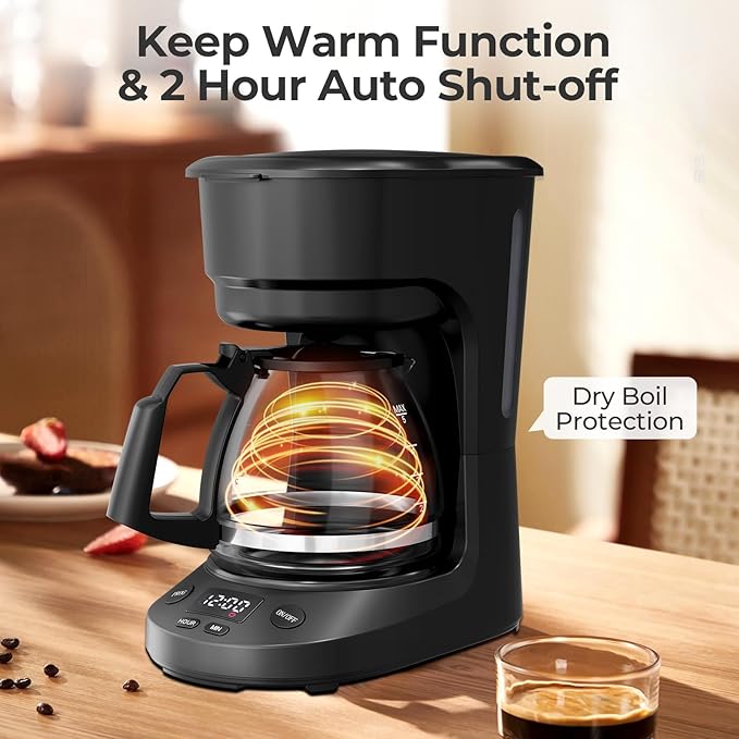 Small 5-Cup Coffee Maker with 24h Programmable Timer, Drip Coffee Machine with Food-grade BPA-free Glass Carafe, 2h Keep Warm with Auto Shut-off, Delay Brew, 25oz Water Tank, Compact for Home/RV