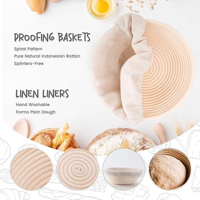 Bread Proofing Baskets Set of 2, 10 inch Oval & 8.5 inch Round Dough Proofing Bowls w/Liners Perfect for Sourdough Bread Baking, Bakers Baking, Gifts for Bakers, Bread Making Kit