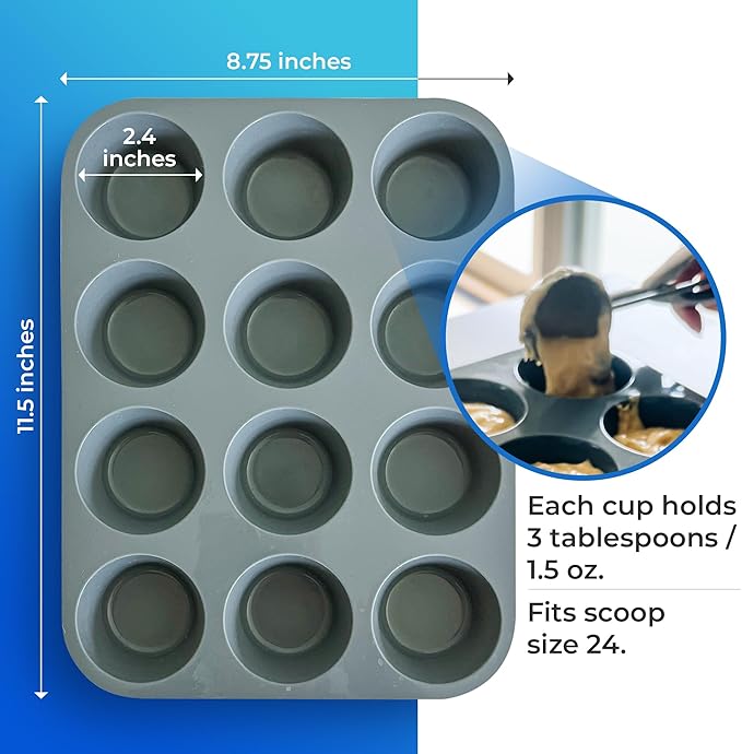 Jenaluca Silicone Cupcake & Muffin Pan for Baking - Set of TWO 12-cup pans, 12x9 Size, Non-stick, BPA Free, Dishwasher Safe - no cupcake liner needed