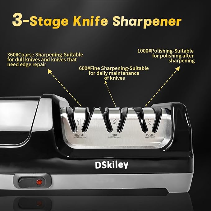 Professional 3-stage Electric Knife Sharpener for Kitchen Knives, with 100% Diamond Abrasive 20° Precision Angle Guide, Quickly Sharpening, Repairing/Restoring/Polish Blades (Black)