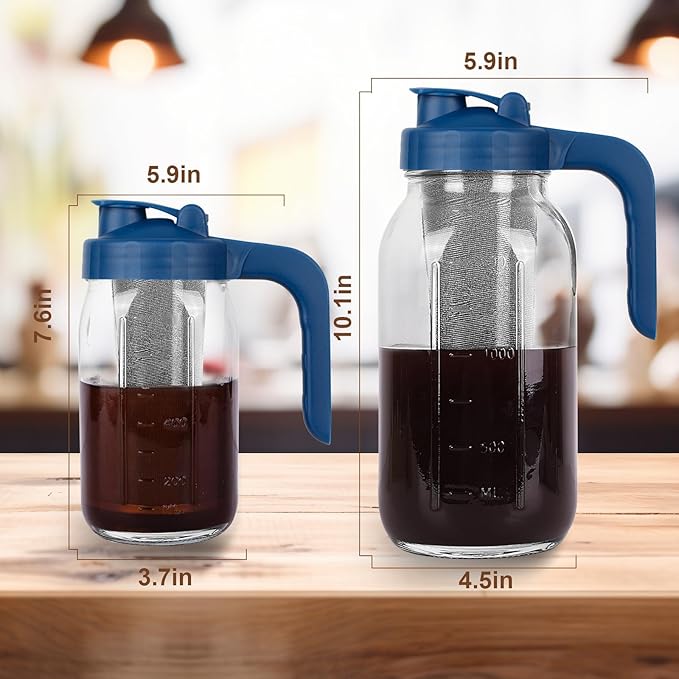 Cold Brew Coffee Maker Pitcher,64 Oz Heavy Duty Glass Mason Jar Pitcher with V-shaped Pour Spout Handle Lid,Stainless Steel Filter for Iced Coffee,Iced tea,Fruit Drinks,lemonade - Blue