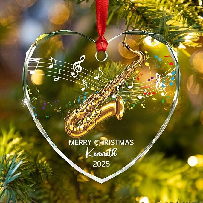 Personalized Text Year Name Saxophone Lover Glass Christmas Ornament 2025, Customized Saxophone Instrument Xmas Ornaments Gift for Brother Sister Dad Mom, Best Saxophonist Appreciation Glass Ornament