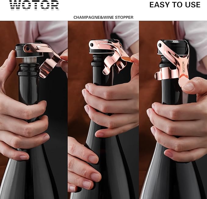 WOTOR Champagne&Wine Bottle Stoppers Stainless Steel with Food Grade Silicone, Leak Proof Keep Fresh Reusable Saver, Cork Suitable for Wine, Champagne, Cava, Prosecco and Sparkling (6 Pack Rosegold）