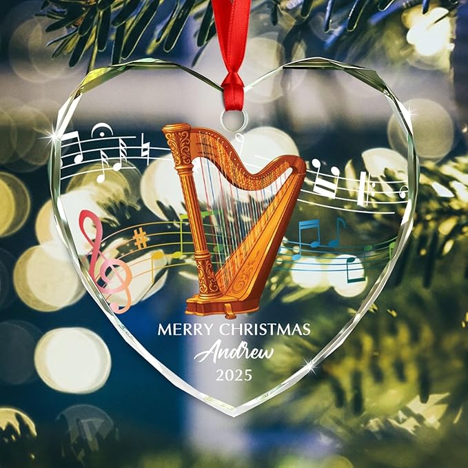Customized Year Text Name Harpist Harp Player Glass Christmas Ornament, Personalized Harp Musical Instrument Xmas Ornaments Gift for Bestie Coworker Parents Grandkids,Unique Harps Instrument Ornament