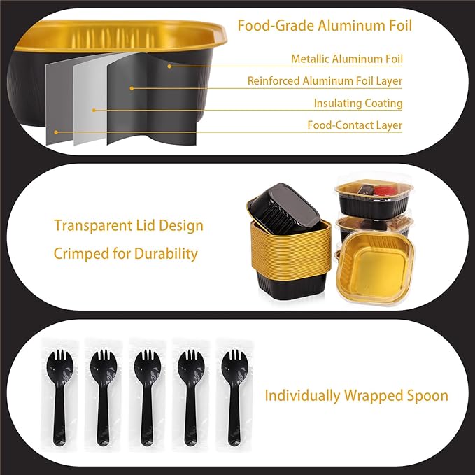 FORBFAN 150 Pack 10 oz Mini Square Cake Pans with Lids, Aluminium Foil Square Brownie Baking Cups, Disposable Ramekins Oven Safe