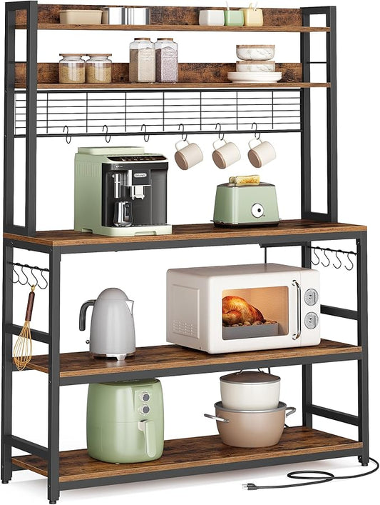 VASAGLE Hutch Bakers Rack with Power Outlet, 14 Hooks Microwave Stand, Adjustable Coffee Bar with Metal Wire Panel, Kitchen Storage Shelf, 15.7 x 39.4 x 66.9 Inches, Rustic Brown and Black UKKS038B01