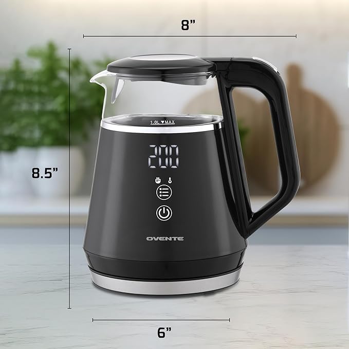 OVENTE 1L Small Electric Kettle with 5 Temperature Preset, Digital Display, 5Hr Keep Warm, Auto Shut-Off, Double-Wall Cool Touch Exterior, Borosilicate Glass,1500W BPA Free Water Boiler, Black KD95B