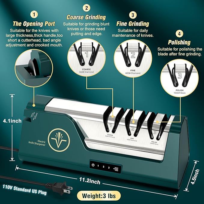 Professional Electric Knife Sharpener with 100% Diamond Abrasives & Precision Angle Guides, 3-Speed Variable 4-Stage Open Touch-Screen LCD Knife Sharpener for Straight, Serrated Edges, Scissors & Axes
