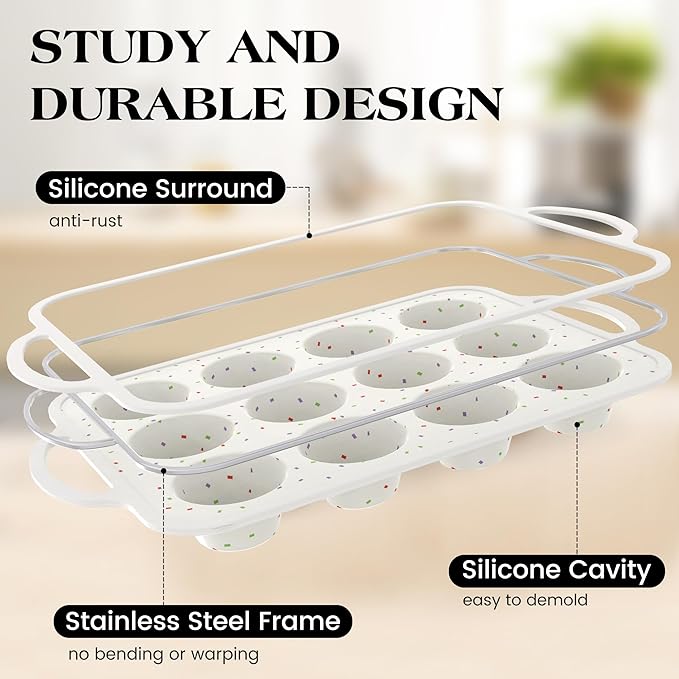 Regular 12 Cup and Mini 24 Cup Nonstick Cupcake Pan Set Silicone Muffin Pan for Baking Silicone Cupcake Mold with Metal Reinforced Frame BPA Free (2 Pcs, Cream)