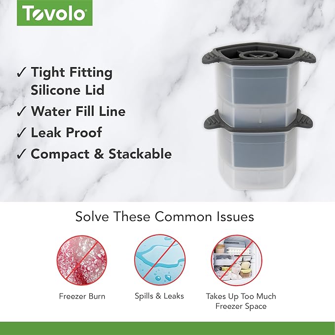 Tovolo Ice Cubes Mold Pack of 2 Large Craft Ice Molds for Whiskey Bourbon Cocktails, Easy Fill No Leak Silicone Ice Molds Gift for Him Stackable Dishwasher Safe BPA Free Heart Ice