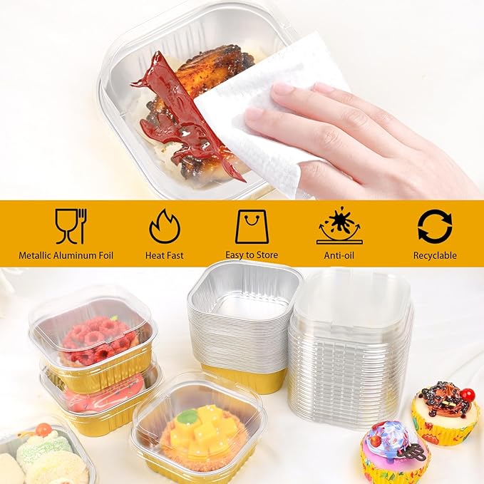 FORBFAN 150 Pack Mini Cake Pans with Lids and Spoons, 10 oz Aluminium Foil Square Brownie Baking Cups, Disposable Ramekins Cupcake Tins