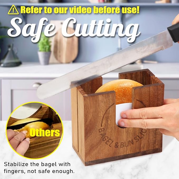 Large Adjustable Bagel Slicer Holder | Acacia Wood Bagel Cutting Holder with Width-Adjustable Slots for Small & Large Bagels, Buns & English Muffins, Knife Groove & Non-Slip Base