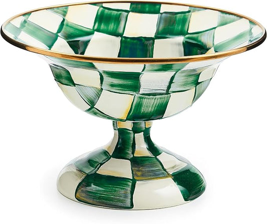 MACKENZIE-CHILDS Enamel Compote, Cute Enamel Pedestal Serving Dish or Decorative Bowl, Small, Green-and-White Emerald Check