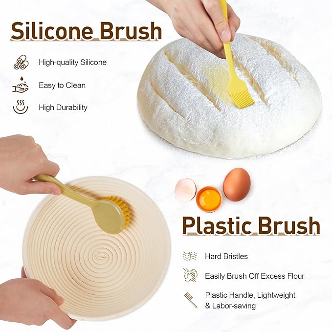 Banneton Bread Proofing Basket, Sourdough Starter Kit, 9" Round Sourdough Bread Baking Supplies with Dough Whisk, Bread Lame, Brush, Scrapers, Flour Duster & Stencils, Bread Making Tools Gift Set