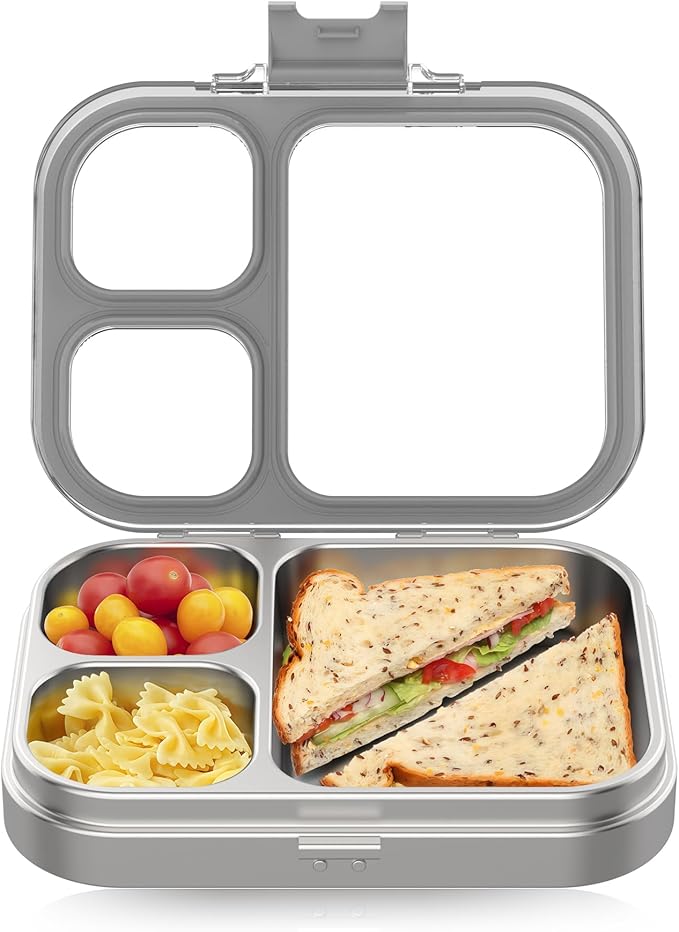Stainless Steel Lunch Box, 3 Compartments Metal Bento Box for Kids Adults, Leak-Proof Lunch Box for School Office, Dishwasher Safe, BPA-Free, Tritan Lid, Grey