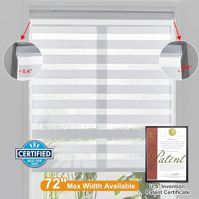 Persilux Cordless Zebra Blinds for Windows Free-Stop Roller Shades (71" W X 72" H, White) Dual Layer Light Cintrol for Day and Night, Light Filtering Sheer Shades for Home, Easy to Install