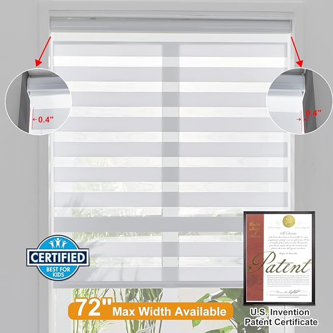 Persilux Cordless Zebra Blinds for Windows, Light Filtering Roller Shades for Windows (20" W x 64" H, White) Light Control for Day and Night, Light Filtering Sheer Shades for Home, Office, Bedroom