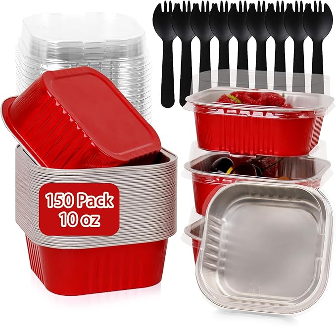 FORBFAN 10 oz Mini Disposable Cake Pans with Lids, 150 Pack Aluminum Foil Square Baking Cups with Spoons, Disposable Baking Cake Tins Red