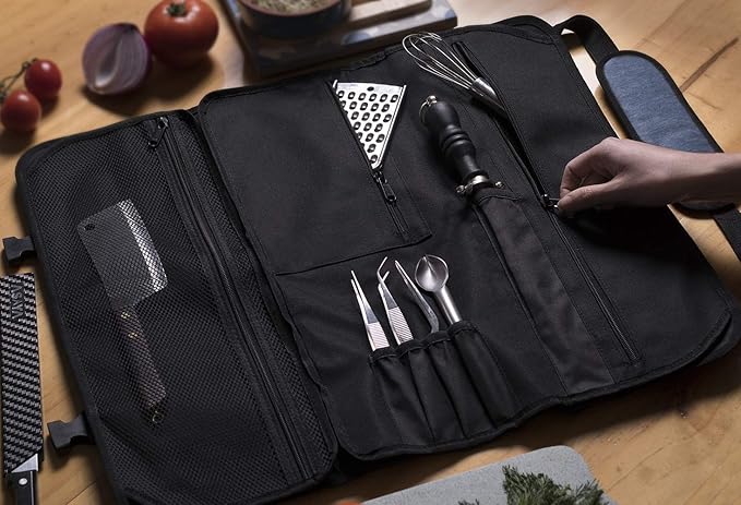Asaya Chef Knife Roll Bag - 20 Total Pockets for Knives and Kitchen Utensils - Made with Stain Resistant Waxed Nylon - For Chefs and Culinary Students - Knives Not Included(Blue)