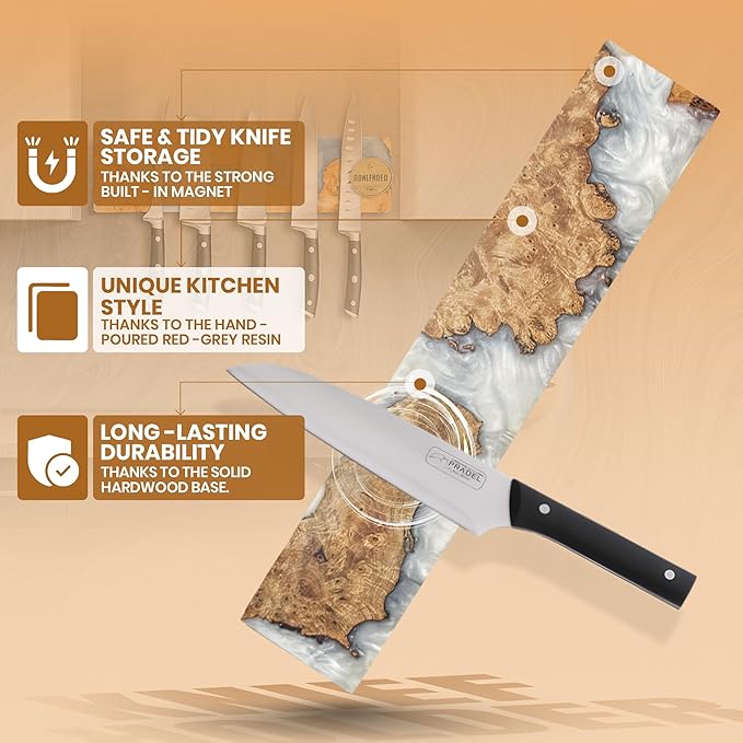 Magnetic Knife Holder for Wall 16 Inch |Premium Wood & White Resin| Epoxy Knife Magnetic Strip, Kitchen Knife Block Holder with Strong Magnet, Space-Saving, Handcrafted Style & Easy to Install