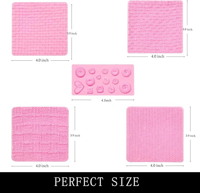 Fondant Impression Mats Molds, Knitting with Button Silicone Chocolate Molds (5 Packs), Sweater Design Knit Impress Texture Stamp Mat for Baby Shower, Birthday Cake Decorating Cupcakes Topper