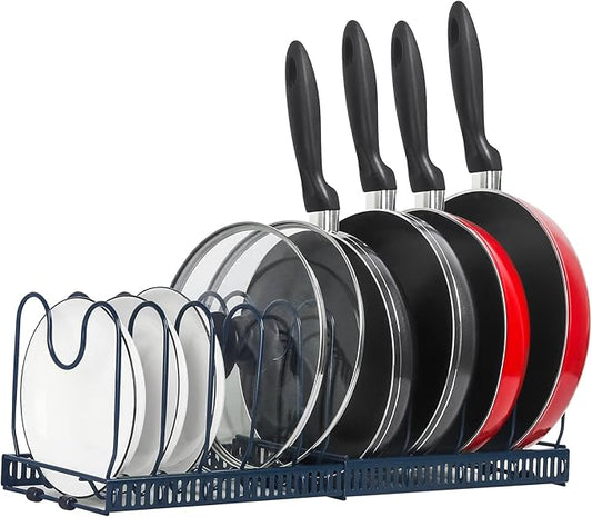 ROOHUA Expandable Pot and Pan Organizer - Cabinet Pot Lid Holder with 10 Adjustable Compartments for Cookware, Baking, Frying (Dark Blue, 10)
