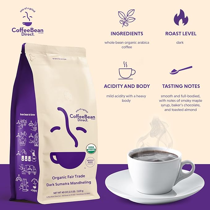 Coffee Bean Direct Organic Fair Trade Dark Sumatra Mandheling, Whole Bean Coffee, Dark Roast, 2.5 Pound Bag (Pack of 1)