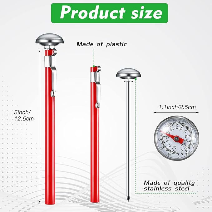 Xuhal 24 Pcs Stainless Steel Kitchen Thermometer with 5 Inch Long Stem 1 Inch Dial Thermometer Milk Frothing Food for Oven Probe Meat Grill BBQ Cooking Chocolate Water (Red)
