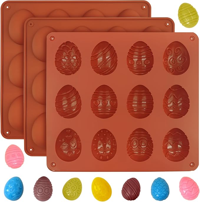 Easter Egg Chocolate Molds 3pcs Silicone Easter Candy Molds 12 Design Egg Candy Molds Non Stick for Ice Cube Resin Expoxy