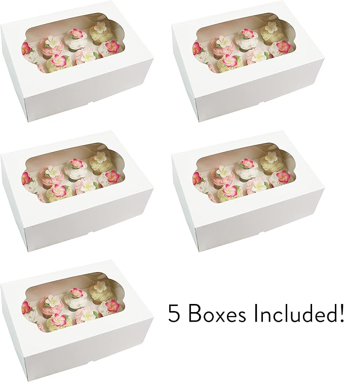 Global Sugar Art Auto-Popup Extra Deep Quarter Sheet Cake & Cupcake Box with Window and Cupcake Insert, White 14 x 10 x 5 Inches, 5 Count