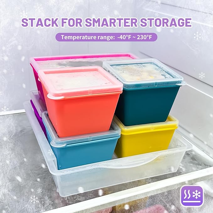 Gemice BPA-Free Silicone Freezer Molds with Base, Individual 6-Pack 1-Cup & 2-Cup Portion Soup Cubes Freezer Tray with Lids for Food Storage, Dishwasher Safe, Silicone Freezer Containers for Meal Prep